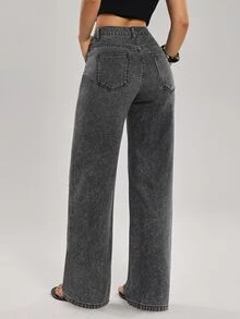 SHEIN Tall Celana Jeans Denim Wanita Model Lurus Pinggang Tinggi Longgar Kasual Serbaguna - Grey - View 2