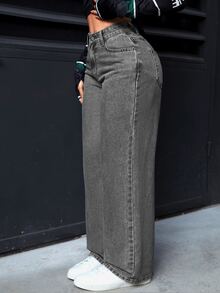 SHEIN Tall Celana Jeans Denim Wanita Model Lurus Pinggang Tinggi Longgar Kasual Serbaguna - Grey - View 1