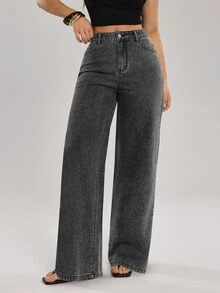 SHEIN Tall Celana Jeans Denim Wanita Model Lurus Pinggang Tinggi Longgar Kasual Serbaguna - Grey - View 8