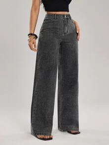 SHEIN Tall Celana Jeans Denim Wanita Model Lurus Pinggang Tinggi Longgar Kasual Serbaguna - Grey - View 6