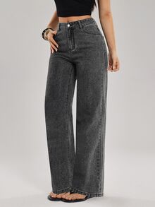 SHEIN Tall Celana Jeans Denim Wanita Model Lurus Pinggang Tinggi Longgar Kasual Serbaguna - Grey - View 4