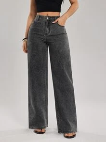 SHEIN Tall Celana Jeans Denim Wanita Model Lurus Pinggang Tinggi Longgar Kasual Serbaguna - Grey - View 5