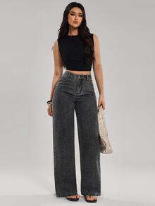 SHEIN Tall Celana Jeans Denim Wanita Model Lurus Pinggang Tinggi Longgar Kasual Serbaguna - Grey - View 3