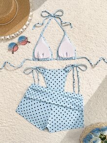 SHEIN Swim 夏季新款海滩度假派对下午茶波点印花微三角侧系带褶皱三件套女士泳装套装 - 藍色 - 查看 4