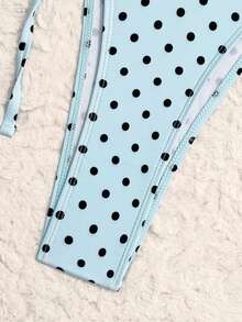 SHEIN Swim 夏季新款海滩度假派对下午茶波点印花微三角侧系带褶皱三件套女士泳装套装 - 藍色 - 查看 5
