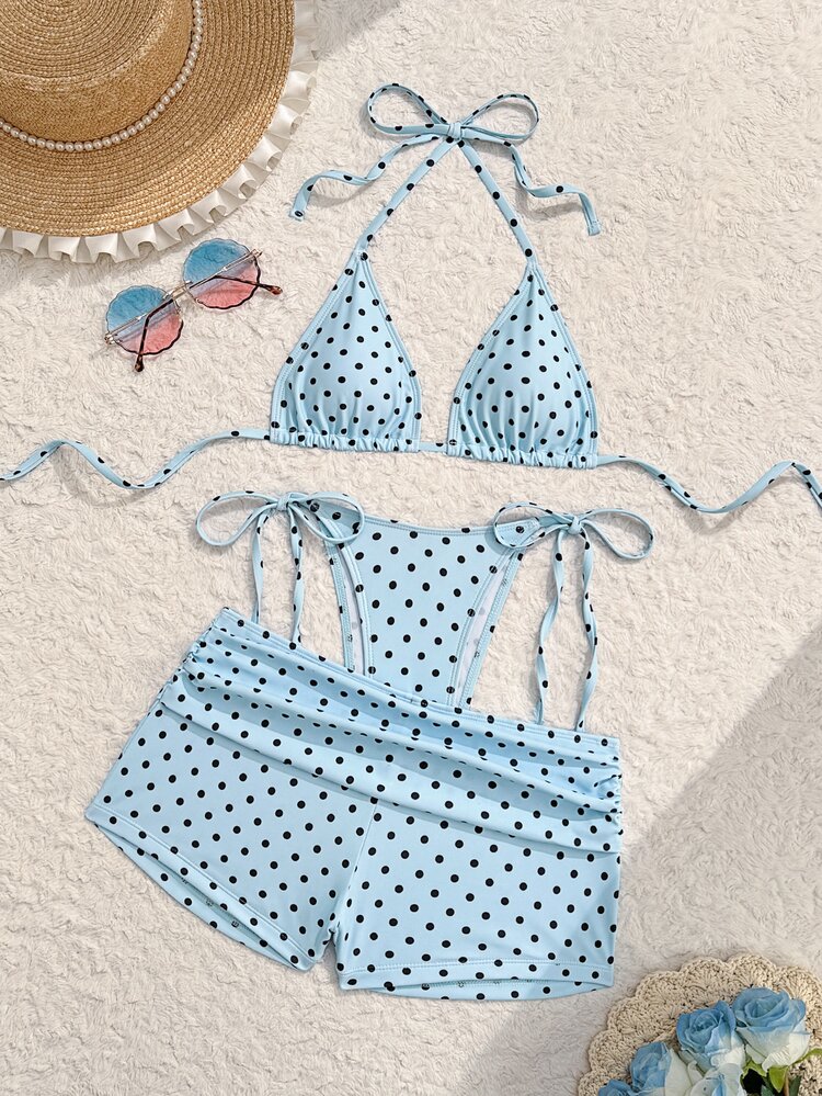 Costavie Summer New Beach Vacation Party Afternoon Tea Polka Dot Print Micro Triangle Side Tie Ruched 3 PiecesWomen Swimwear Set - Blue - View 2