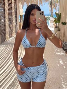 SHEIN Swim 夏季新款海滩度假派对下午茶波点印花微三角侧系带褶皱三件套女士泳装套装 - 藍色 - 查看 1