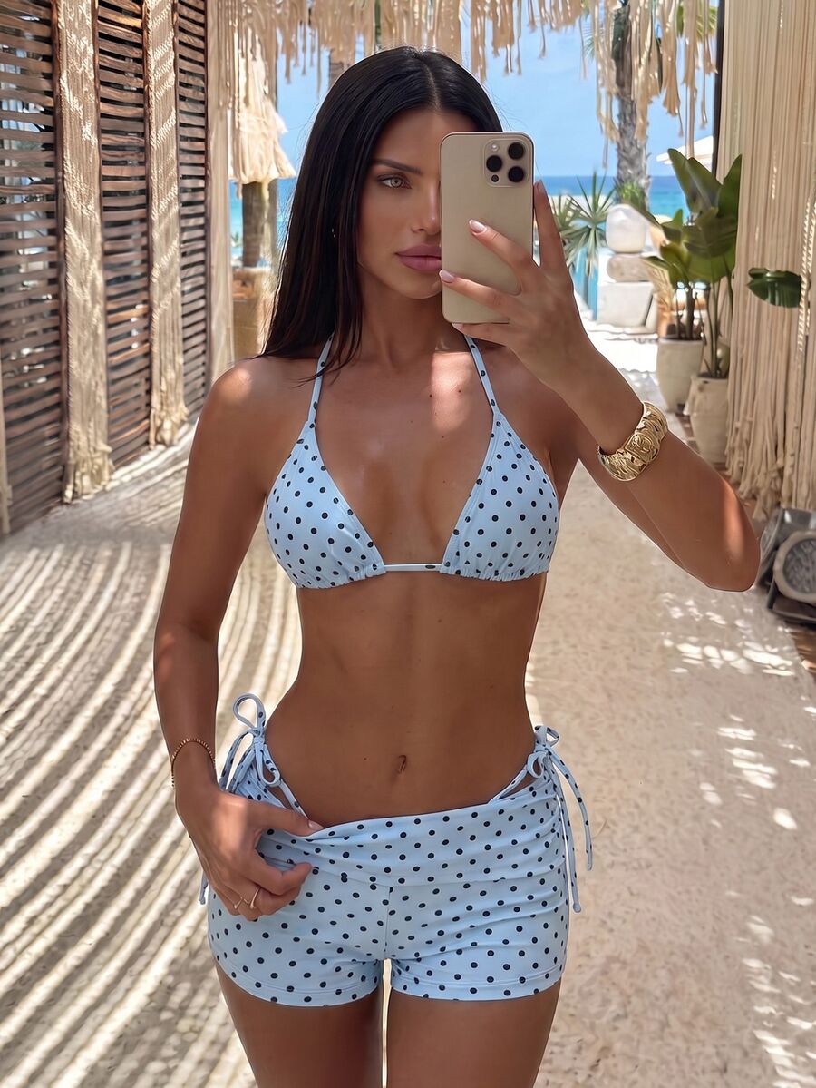 SHEIN Swim 夏季新款海滩度假派对下午茶波点印花微三角侧系带褶皱三件套女士泳装套装 - 藍色 - 查看 1