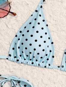 SHEIN Swim 夏季新款海滩度假派对下午茶波点印花微三角侧系带褶皱三件套女士泳装套装 - 藍色 - 查看 6