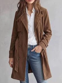 SHEIN Tween Girl Long Sleeve Fleece Winter Clothes Trench Coat, Thanksgiving, Back To School School Career, Coffee Brown School Student Elegant Modest - Coffee Brown - View 10