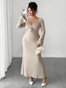 Elenzga Plus Size Women's Elegant Commute Ruched Ribbed Brushed Base Layer Dress Fall - Khaki - View 8