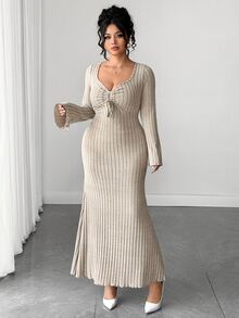 Elenzga Plus Size Women's Elegant Commute Ruched Ribbed Brushed Base Layer Dress Fall - Khaki - View 5