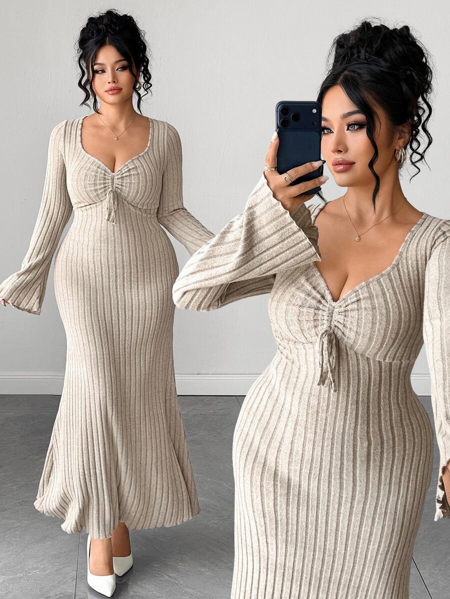 Elenzga Plus Size Women's Elegant Commute Ruched Ribbed Brushed Base Layer Dress Fall - Khaki - View 1