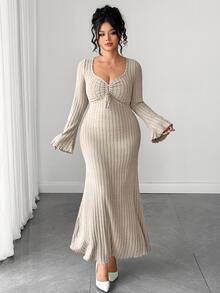 Elenzga Plus Size Women's Elegant Commute Ruched Ribbed Brushed Base Layer Dress Fall - Khaki - View 6