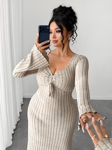 Elenzga Plus Size Women's Elegant Commute Ruched Ribbed Brushed Base Layer Dress Fall - Khaki - View 4