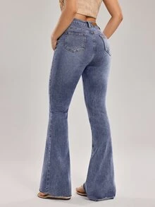 SHEIN Tall Celana Jeans Denim Wanita Kasual Serbaguna Model Flare dengan Kantong - Biru - View 2