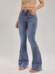 SHEIN Tall Celana Jeans Denim Wanita Kasual Serbaguna Model Flare dengan Kantong - Biru - View 3