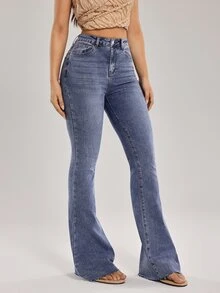 SHEIN Tall Celana Jeans Denim Wanita Kasual Serbaguna Model Flare dengan Kantong - Biru - View 5