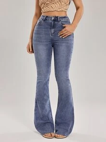 SHEIN Tall Celana Jeans Denim Wanita Kasual Serbaguna Model Flare dengan Kantong - Biru - View 4