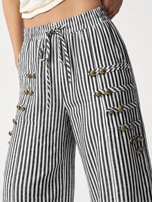 Bohemela Women's Striped Button Decor Long Pants - Black and White - View 2