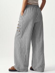 Bohemela Women's Striped Button Decor Long Pants - Black and White - View 12