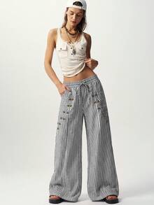 Bohemela Women's Striped Button Decor Long Pants - Black and White - View 10
