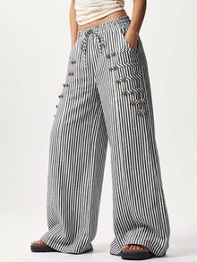 Bohemela Women's Striped Button Decor Long Pants - Black and White - View 5