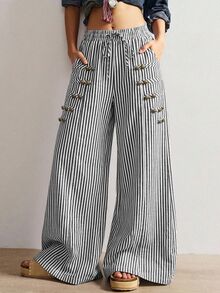 Bohemela Women's Striped Button Decor Long Pants - Black and White - View 3