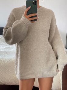 DAZY Sweater Rajut Wanita Warna Polos Longgar Leher Bulat Lengan Panjang Lengan Lentera Kasual untuk Liburan Musim Semi Musim Gugur - Aprikot - View 3