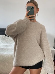 DAZY Sweater Rajut Wanita Warna Polos Longgar Leher Bulat Lengan Panjang Lengan Lentera Kasual untuk Liburan Musim Semi Musim Gugur - Aprikot - View 2