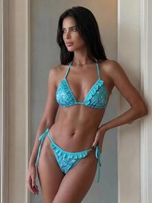 Costavie Swim Mod-D 2pcs Spring/Summer Light Blue Floral Sequin Special Fabric Frill Trim Triangle Cup Bra Side Tie Bikini Bottom Sexy Breezy Bikini Set Beach - Mint Blue - View 5