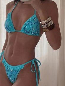 Costavie Swim Mod-D 2pcs Spring/Summer Light Blue Floral Sequin Special Fabric Frill Trim Triangle Cup Bra Side Tie Bikini Bottom Sexy Breezy Bikini Set Beach - Mint Blue - View 4