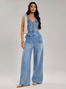 SHEIN Tall Jumpsuit Denim Kasual Wanita dengan Kancing dan Kantong Serbaguna - Biru - View 3