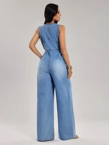 SHEIN Tall Jumpsuit Denim Kasual Wanita dengan Kancing dan Kantong Serbaguna - Biru - View 2