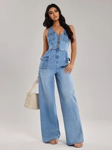 SHEIN Tall Jumpsuit Denim Kasual Wanita dengan Kancing dan Kantong Serbaguna - Biru - View 7