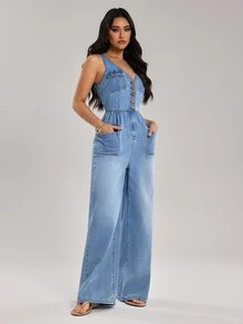 SHEIN Tall Jumpsuit Denim Kasual Wanita dengan Kancing dan Kantong Serbaguna - Biru - View 4