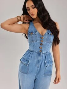 SHEIN Tall Jumpsuit Denim Kasual Wanita dengan Kancing dan Kantong Serbaguna - Biru - View 8