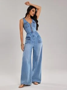SHEIN Tall Jumpsuit Denim Kasual Wanita dengan Kancing dan Kantong Serbaguna - Biru - View 5