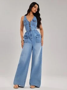 SHEIN Tall Jumpsuit Denim Kasual Wanita dengan Kancing dan Kantong Serbaguna - Biru - View 6
