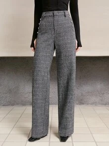 MOTF PREMIUM WOMEN'S AUTUMN/WINTER PLAID STRAIGHT LEG PANTS - Black - View 1