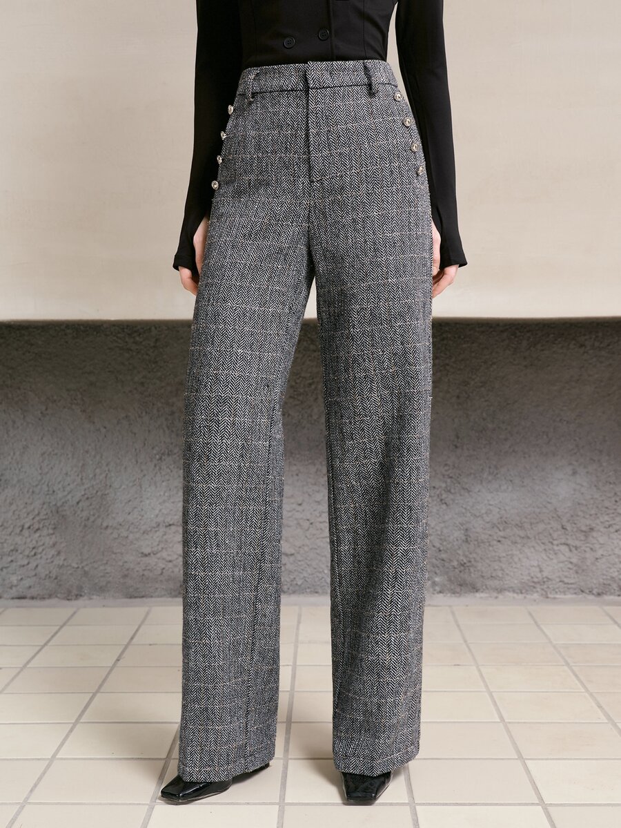 MOTF PREMIUM WOMEN'S AUTUMN/WINTER PLAID STRAIGHT LEG PANTS - Black - View 1