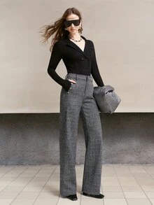 MOTF PREMIUM WOMEN'S AUTUMN/WINTER PLAID STRAIGHT LEG PANTS - Black - View 3
