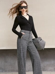 MOTF PREMIUM WOMEN'S AUTUMN/WINTER PLAID STRAIGHT LEG PANTS - Black - View 7