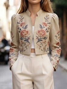 Yalmera Women's Floral Print Cropped Jacket, Open Front, Puff Sleeve, Faux Linen Blend, Boho & Chic Style, Perfect For Daily, Vacation, And Work - Multicolor - View 7