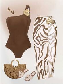 Swim Oasis Plus Size Women's Brown Shoulder Design One-Piece Swimsuit + Printed Wrap Skirt Beach Outfit, Casual Resort Wear, Spring/Summer - Brown - View 1