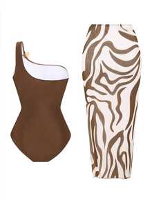 Swim Oasis Plus Size Women's Brown Shoulder Design One-Piece Swimsuit + Printed Wrap Skirt Beach Outfit, Casual Resort Wear, Spring/Summer - Brown - View 2