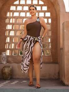 Swim Oasis Plus Size Women's Brown Shoulder Design One-Piece Swimsuit + Printed Wrap Skirt Beach Outfit, Casual Resort Wear, Spring/Summer - Brown - View 4