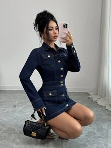 Elenzga Women's Collared Casual Daily Summer Denim Dress - Dark Wash - View 7