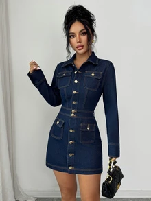 Elenzga Women's Collared Casual Daily Summer Denim Dress - Dark Wash - View 6