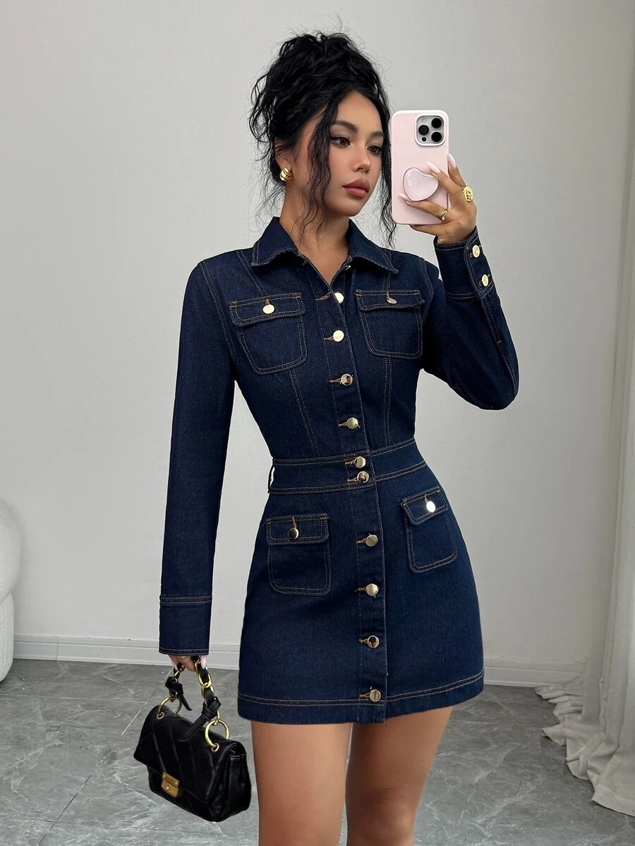 Elenzga Women's Collared Casual Daily Summer Denim Dress